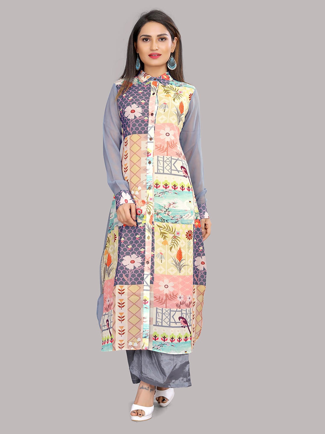 

Urban Luxe Women Grey & Yellow Floral Printed Floral Georgette Pakistani Style Kurta