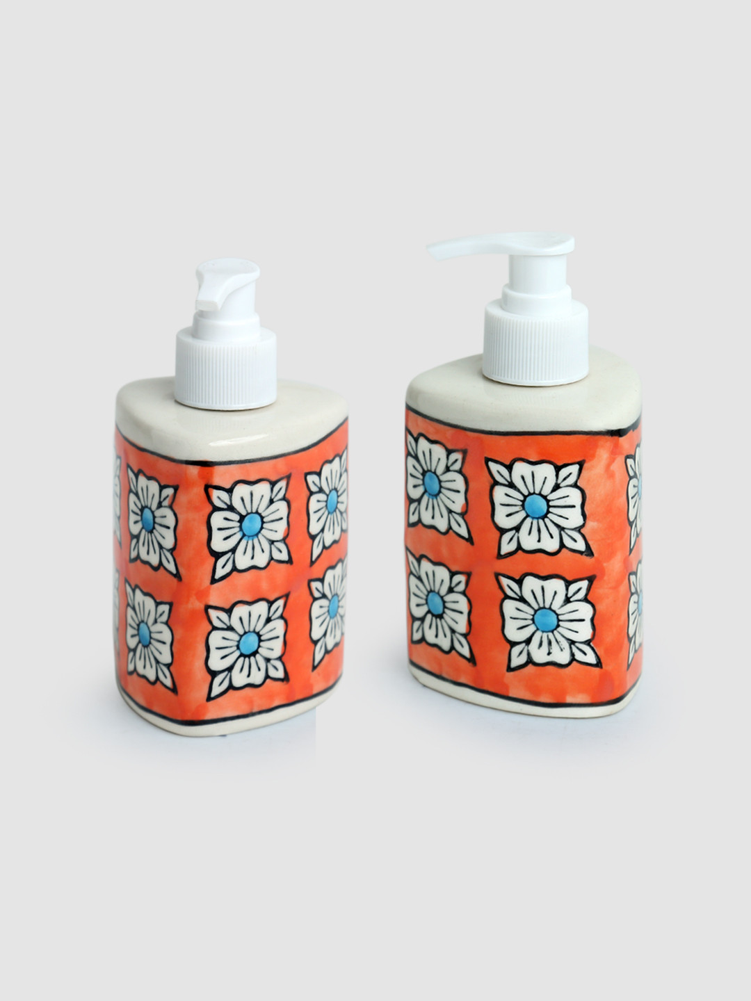 

ExclusiveLane Orange & White Set Of 2 Printed Ceramic Liquid Soap Dispenser 260 ml Each