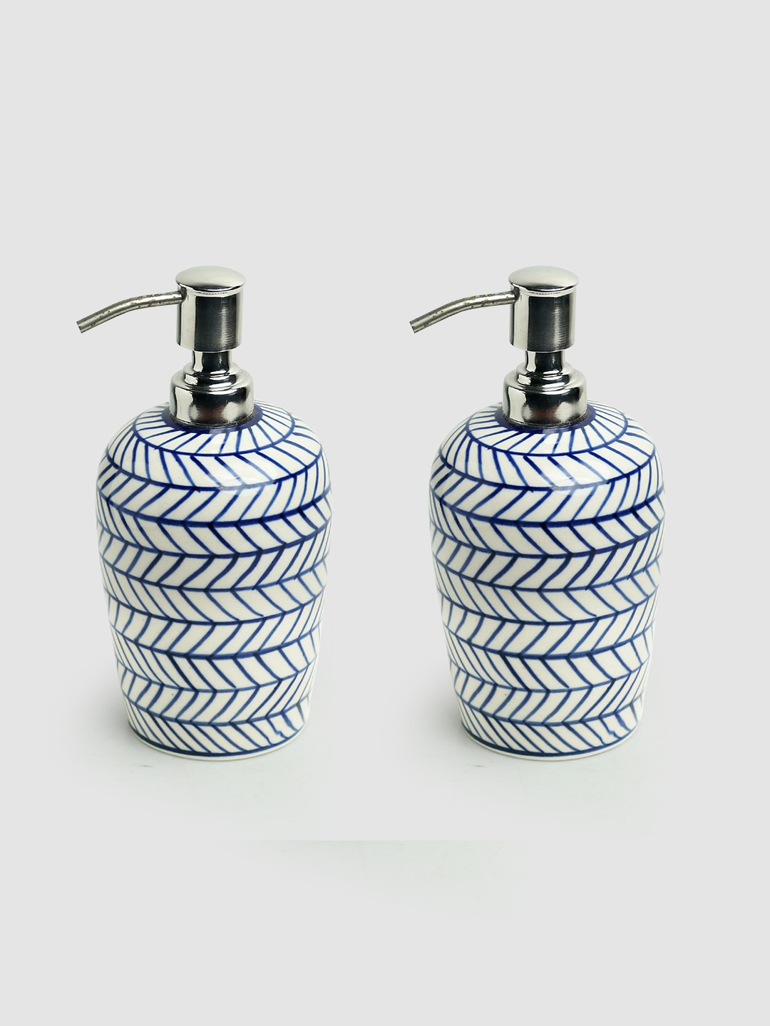 

ExclusiveLane Indigo Blue & White Set Of 2 Chevron Liquid Soap Dispenser 480 ml Each