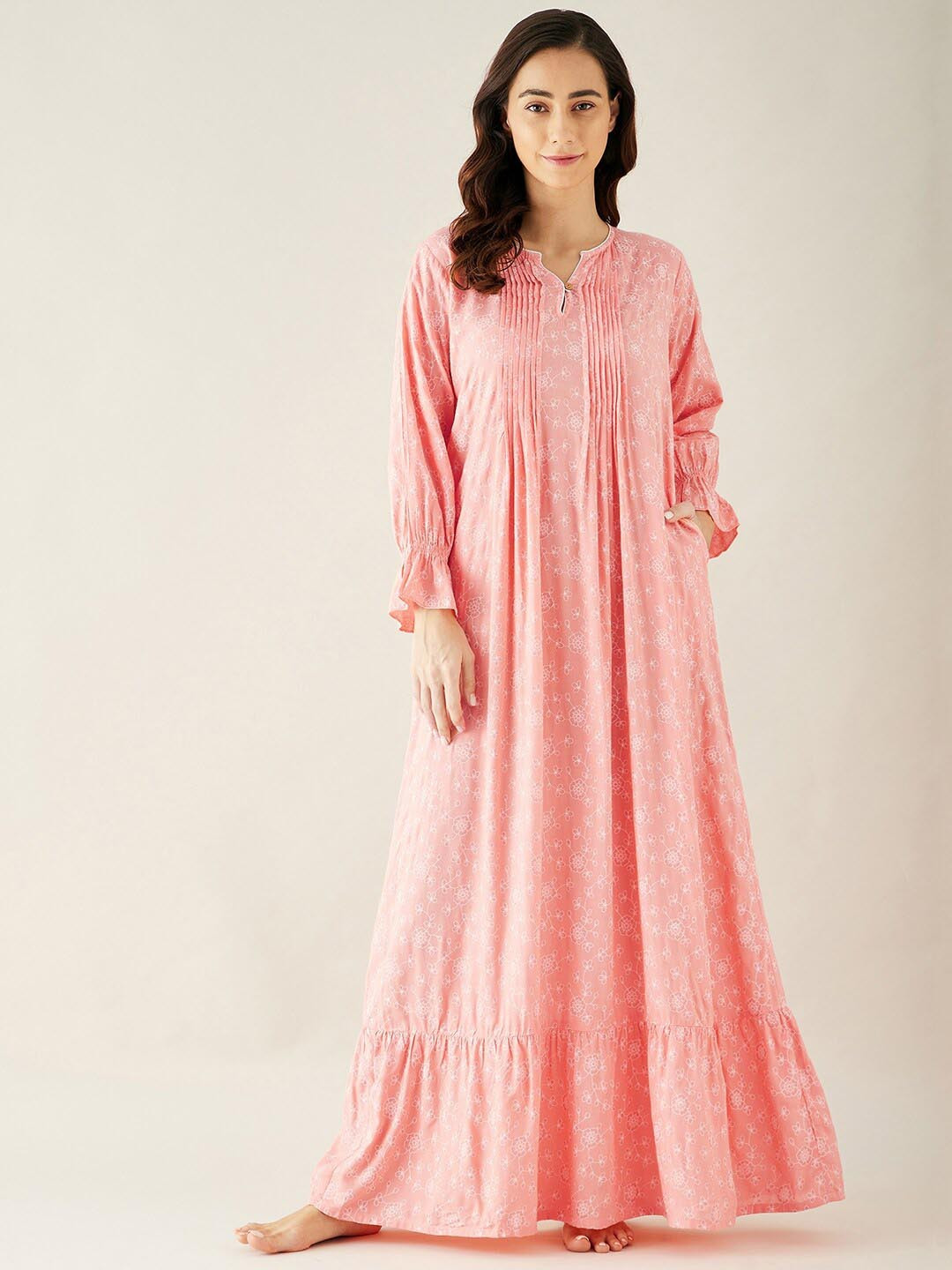 

The Kaftan Company Peach-Coloured Printed Maxi Nightdress