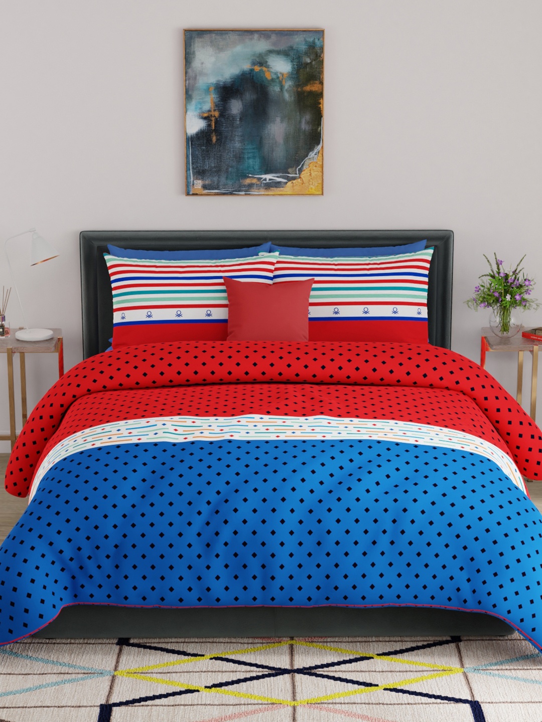 

United Colors of Benetton Red Printed Pure Cotton Bed & Bath Set, Blue
