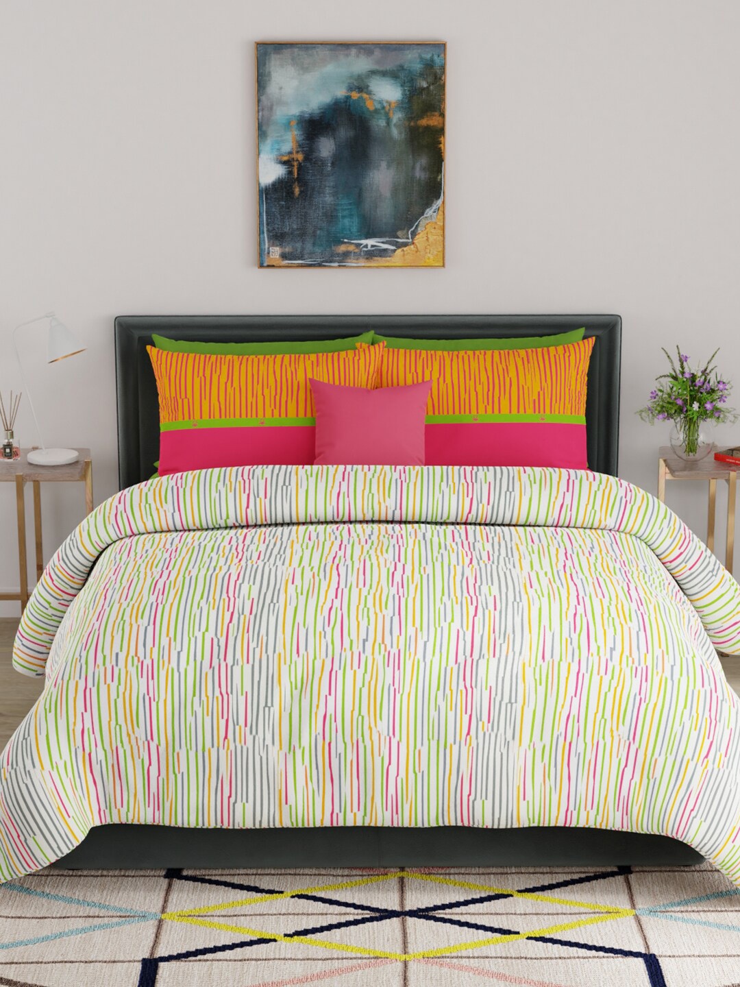 

United Colors of Benetton Orange & White Striped Pure Cotton Bedsheet and Bath Set