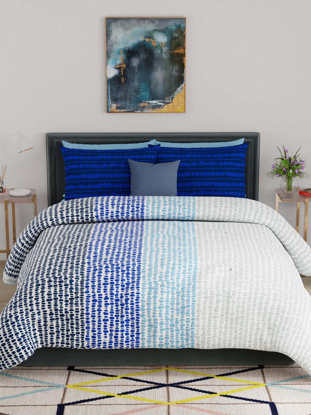 

United Colors of Benetton Blue & White Striped 450 GSM Pure Cotton Bed & Bath Towel Set