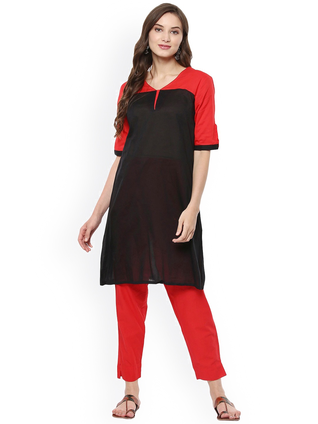 

Pannkh Women Red & Black Colourblocked A-Line Kurta