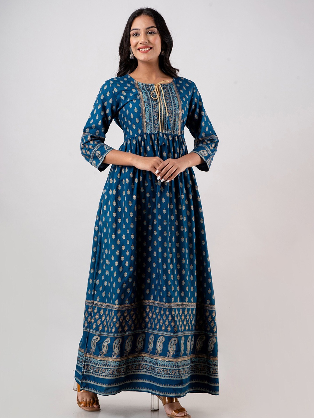 

HERE&NOW Women Ethnic Motifs Printed Keyhole Neck Kurta, Blue