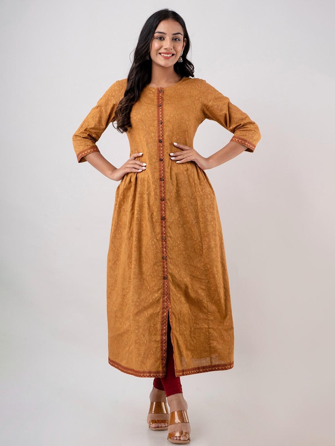 

HERE&NOW Women Geometric Printed Cotton Kurta, Brown