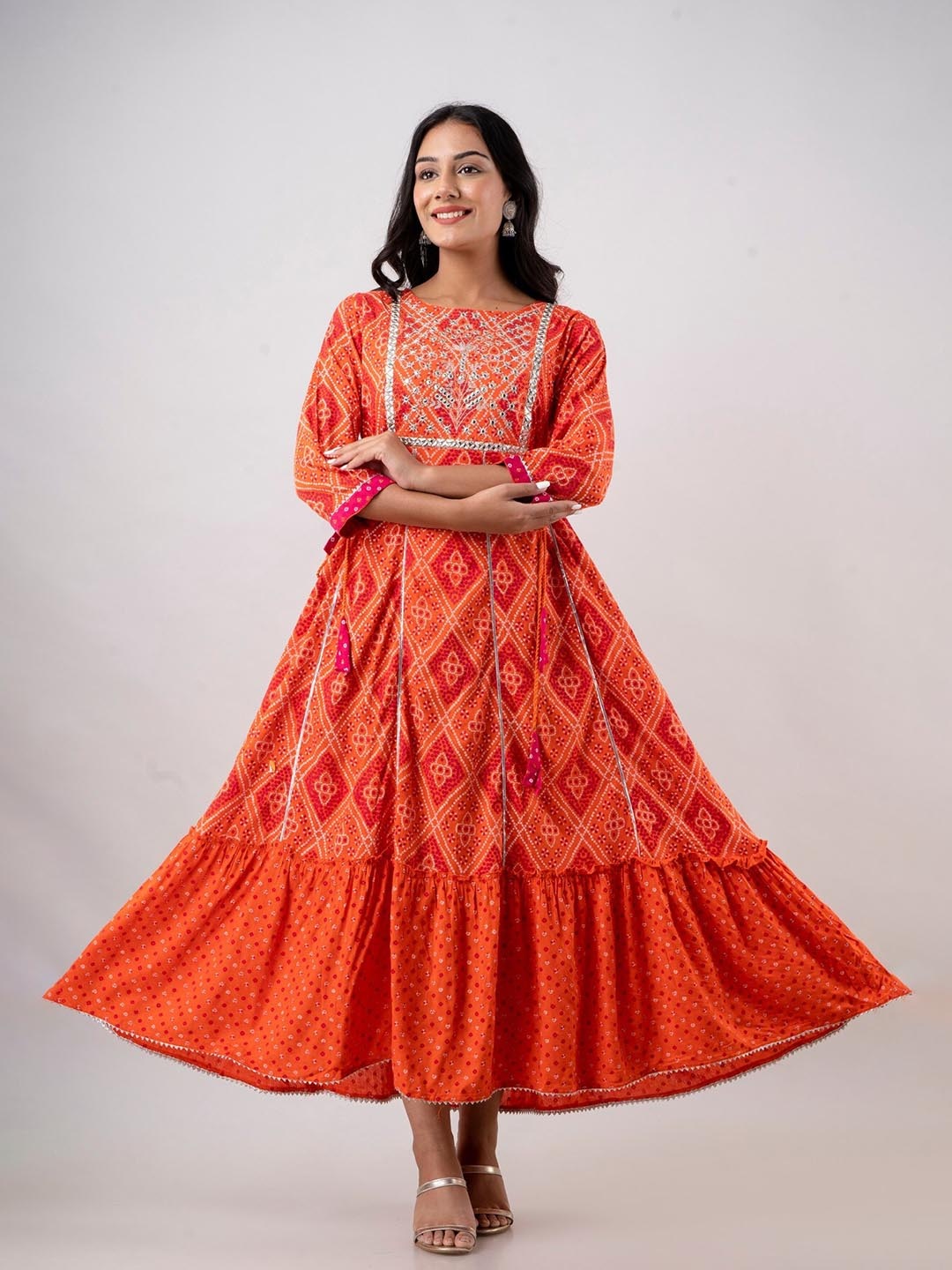 

HERE&NOW Women Bandhani Printed Mirror Work Anarkali Kurta, Orange