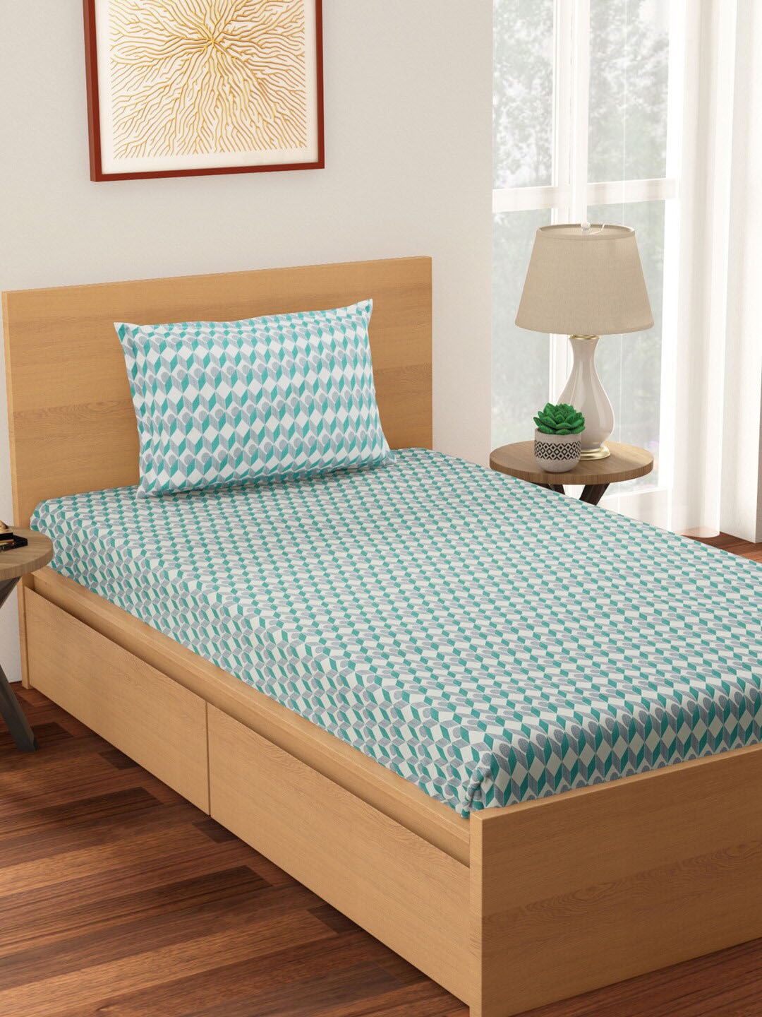 

Living scapes by Pantaloons Green & White Geometric Single Bedsheet with 1 Pillow Cover