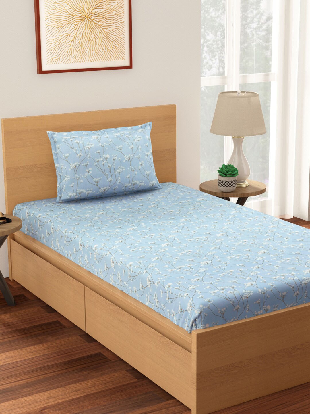 

Living scapes by Pantaloons Blue & White Floral Single Bedsheet with 1 Pillow Cover