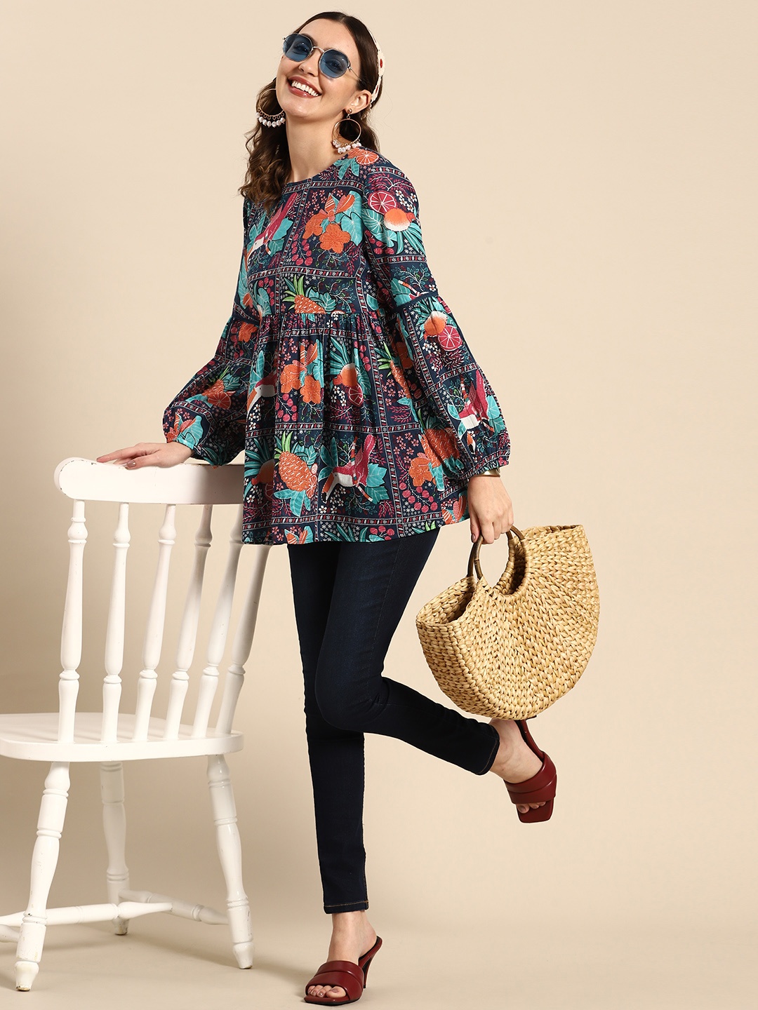 

Sangria Navy Blue & Orange Floral Print Cotton Peplum Top