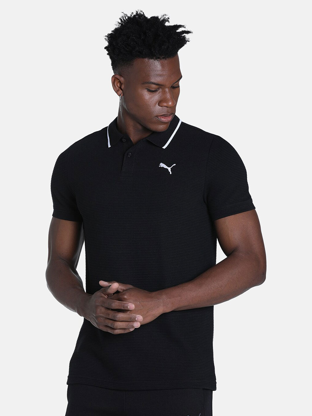 

Puma Men Ottoman Polo Collar Slim Fit Cotton T-shirt, Black
