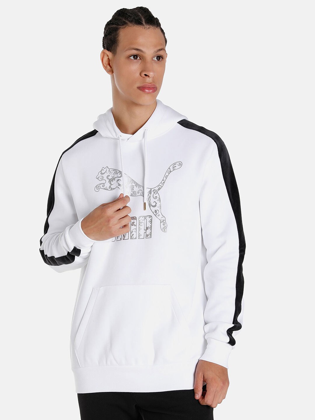 

Puma LUXE Men Graphic Printed Cotton Pullover Hoodie Sweatshirts, White