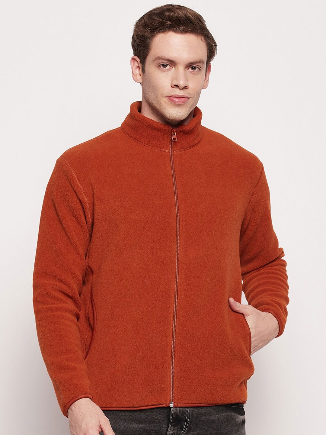 

Cantabil Mock Collar Front-Open Sweatshirt, Rust