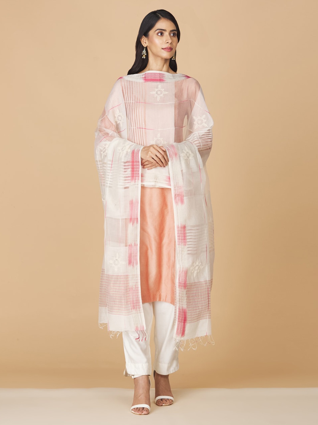 

Fabindia Embroidered Cotton Silk Dupatta, Off white