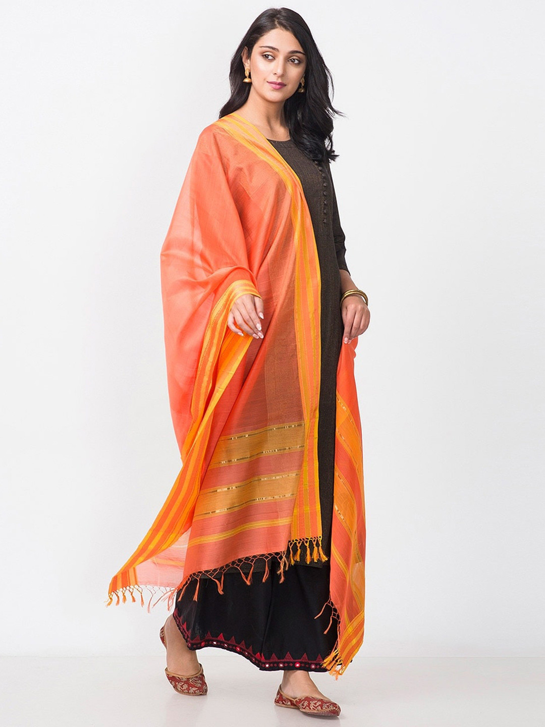 

Fabindia Woven Design Cotton Silk Dupatta with Zari, Coral