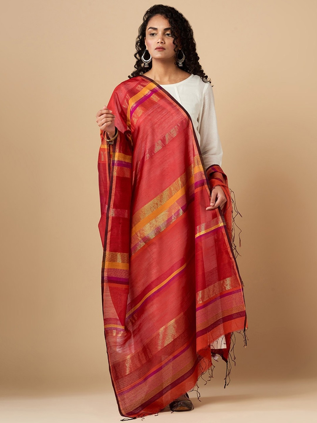 

Fabindia Woven Design Cotton Silk Dupatta with Zari, Red