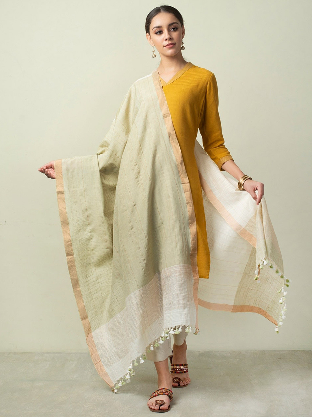 

Fabindia Printed Dupatta With Tassels, Beige