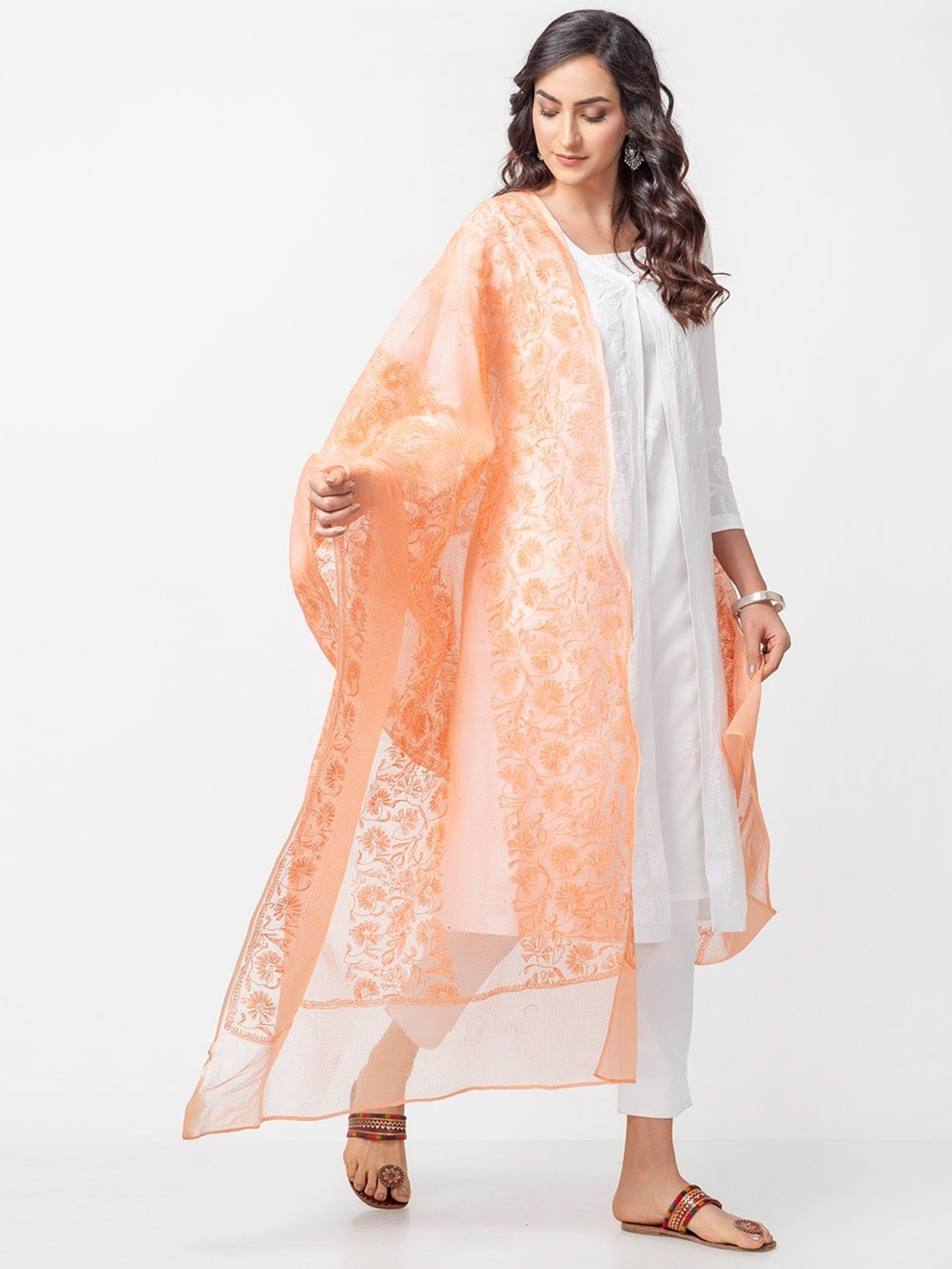 Fabindia Chikankari Embroidered Cotton Silk Dupatta, Coral