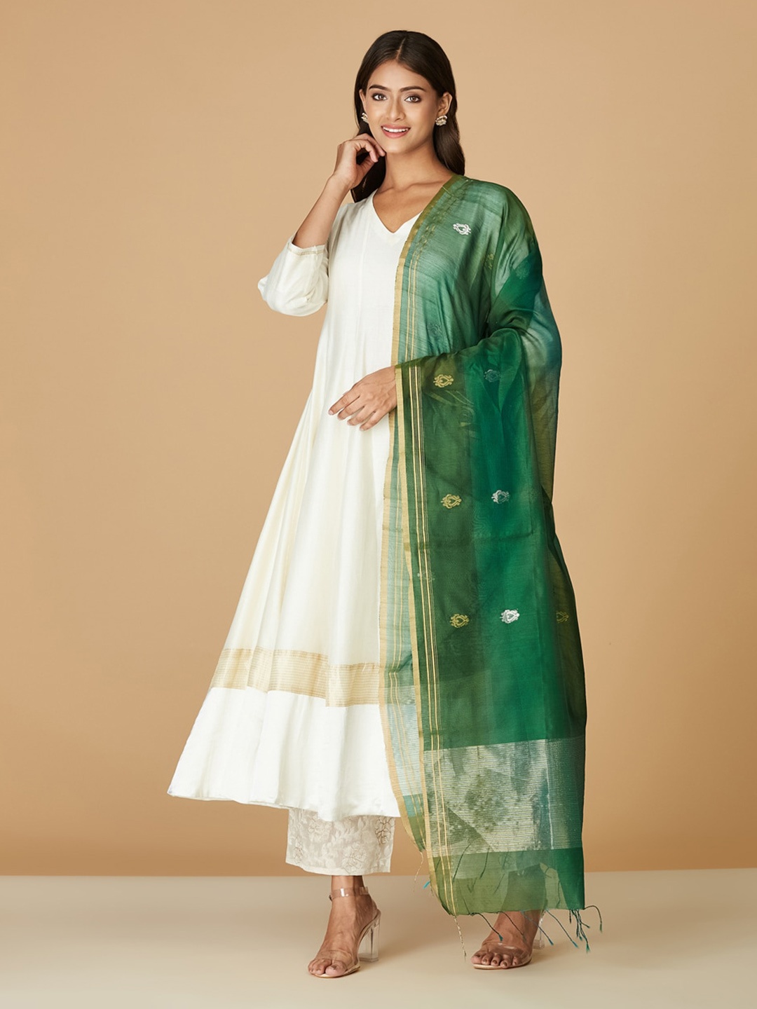 

Fabindia Ethnic Motifs Woven Design Cotton Silk Dupatta, Green