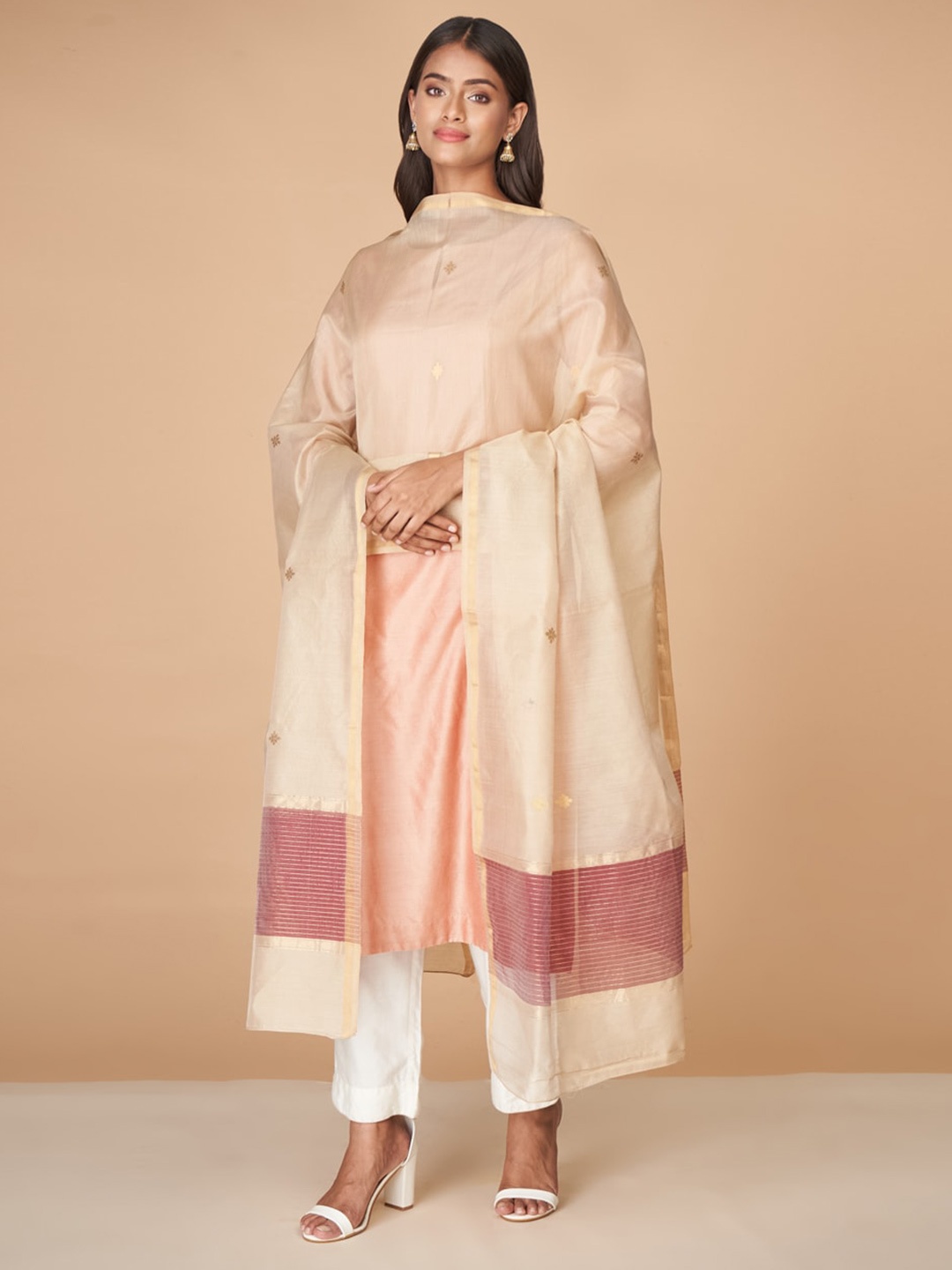 

Fabindia Ethnic Motifs Zari Woven Design Cotton Silk Dupatta, Beige