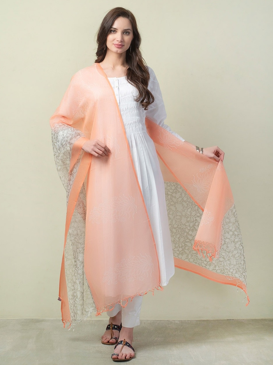 

Fabindia Printed Cotton Silk Dupatta, Peach