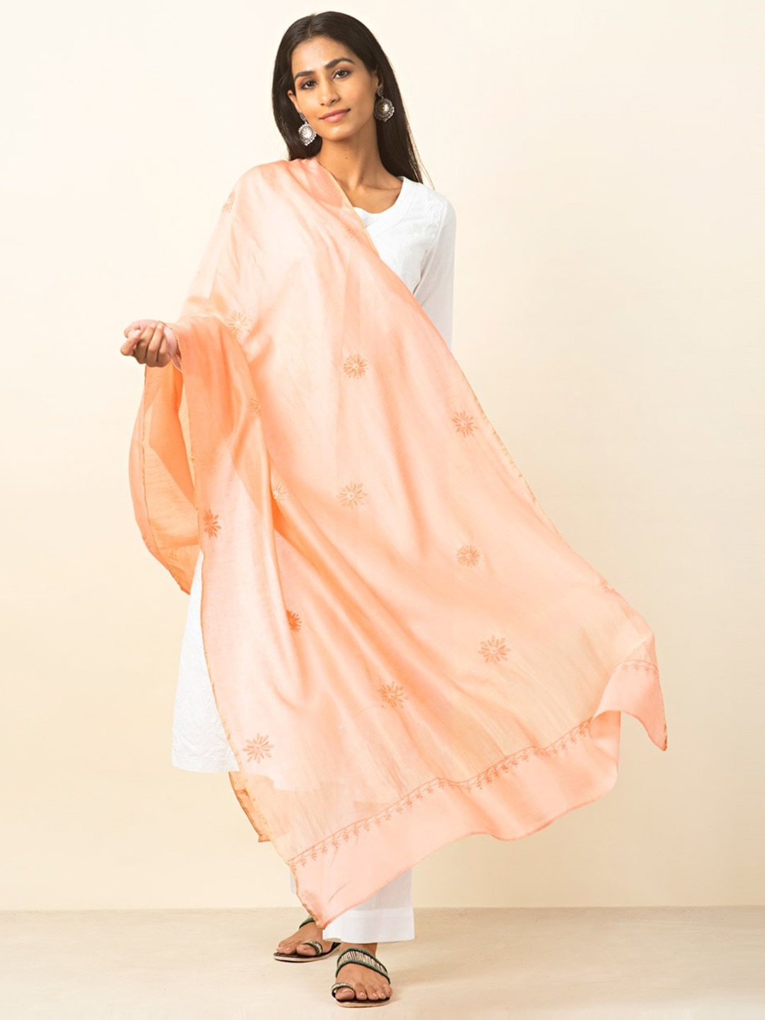 

Fabindia Embroidered Cotton Silk Dupatta, Coral