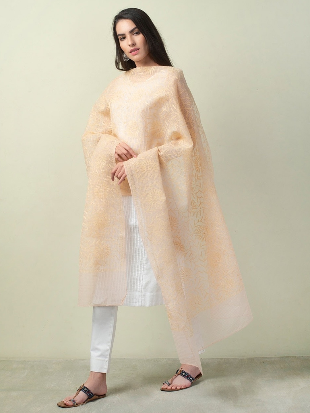 

Fabindia Chikankari Embroidered Cotton Silk Dupatta, Beige