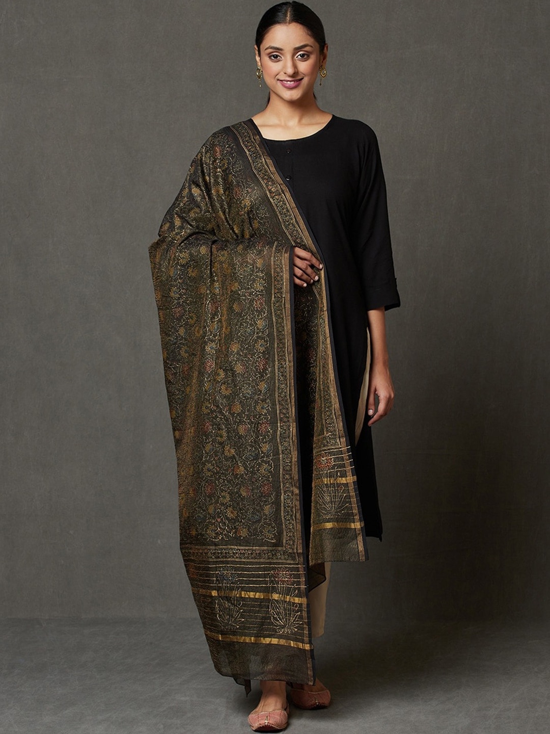 

Fabindia Printed Dupatta with Zari, Black