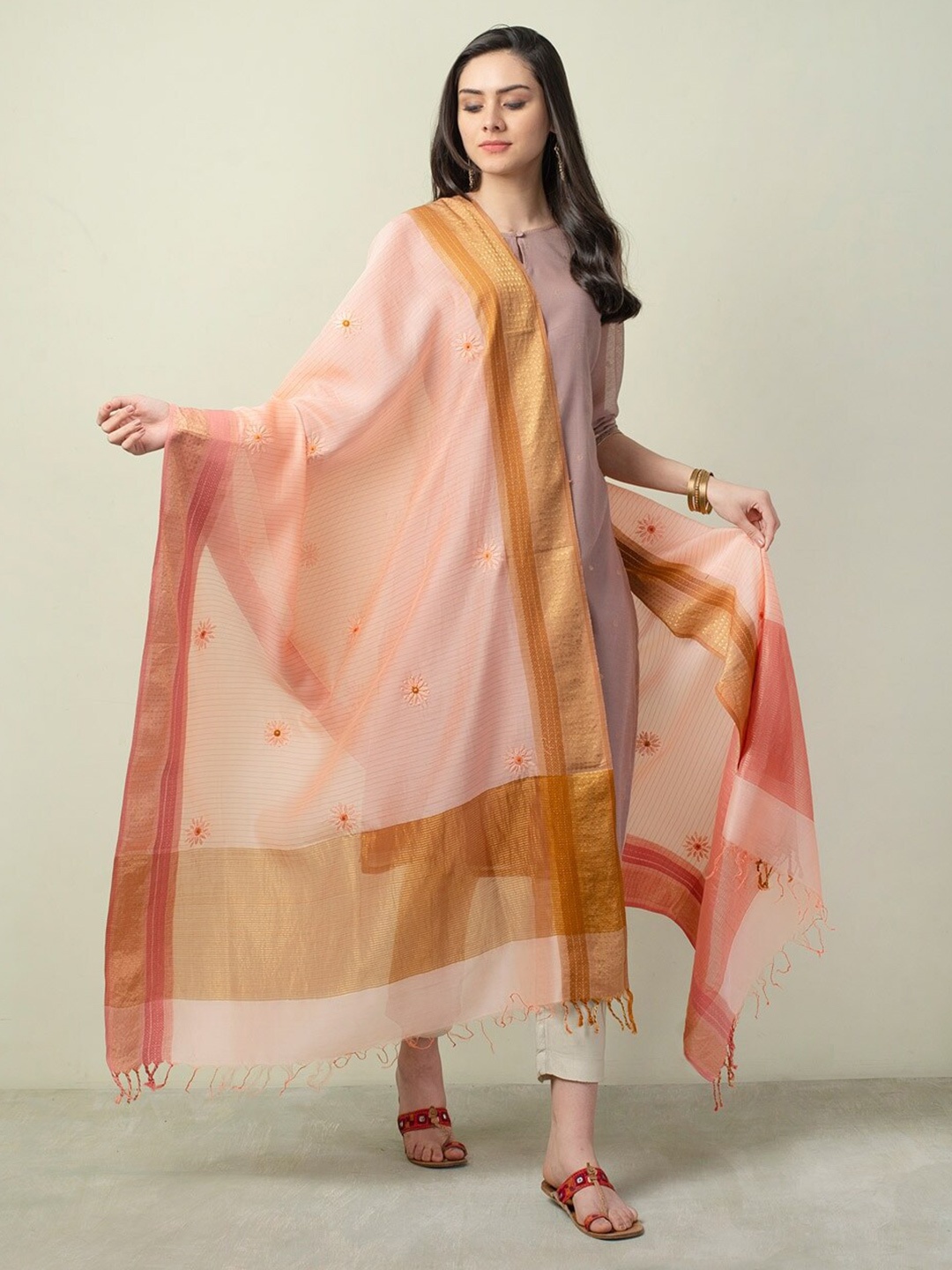

Fabindia Embroidered Cotton Silk Dupatta with Zari, Orange