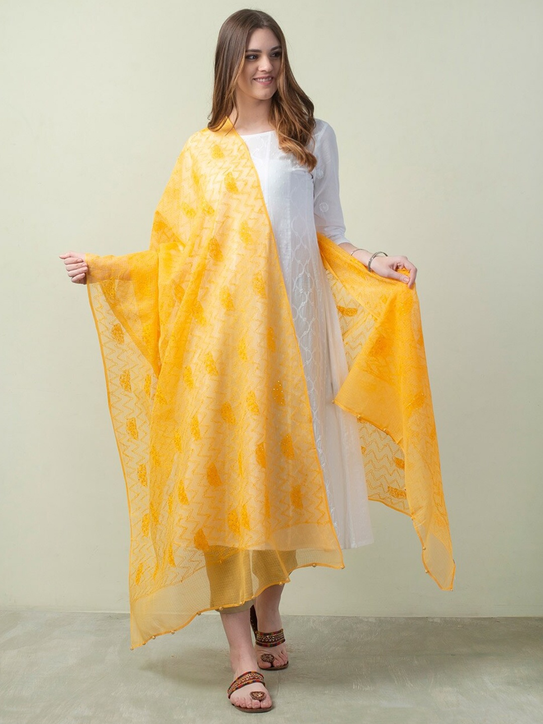 

Fabindia Chikankari Embroidered Cotton Silk Dupatta, Yellow