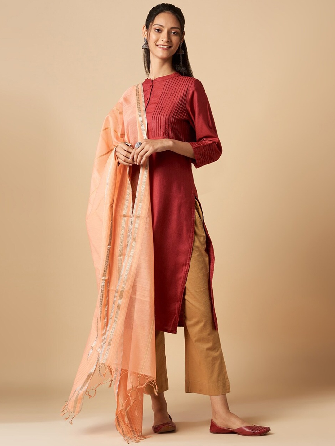 

Fabindia Woven Design Cotton Silk Dupatta with Zari, Peach