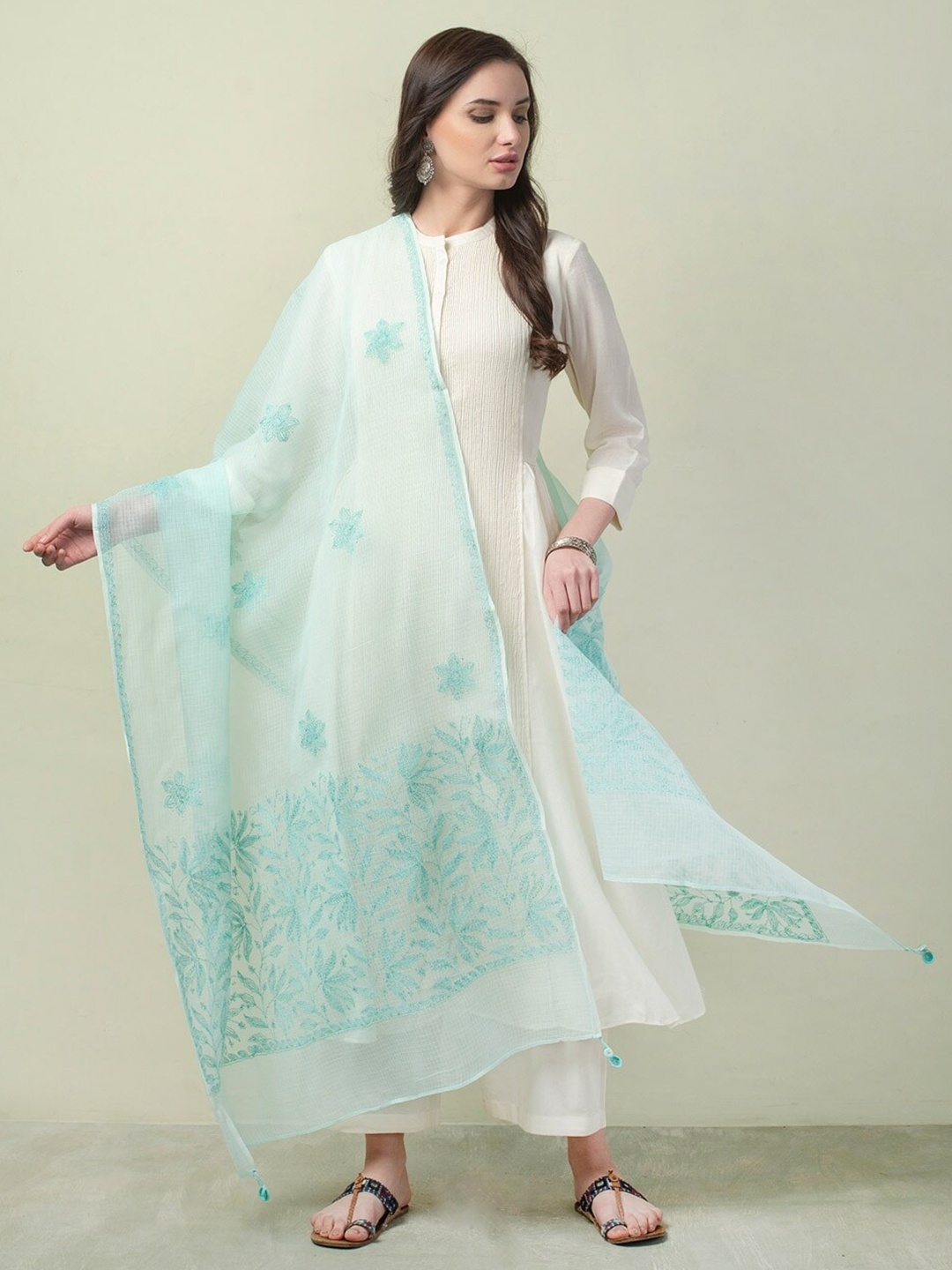 

Fabindia Embroidered Cotton Silk Dupatta with Chikankari, Blue