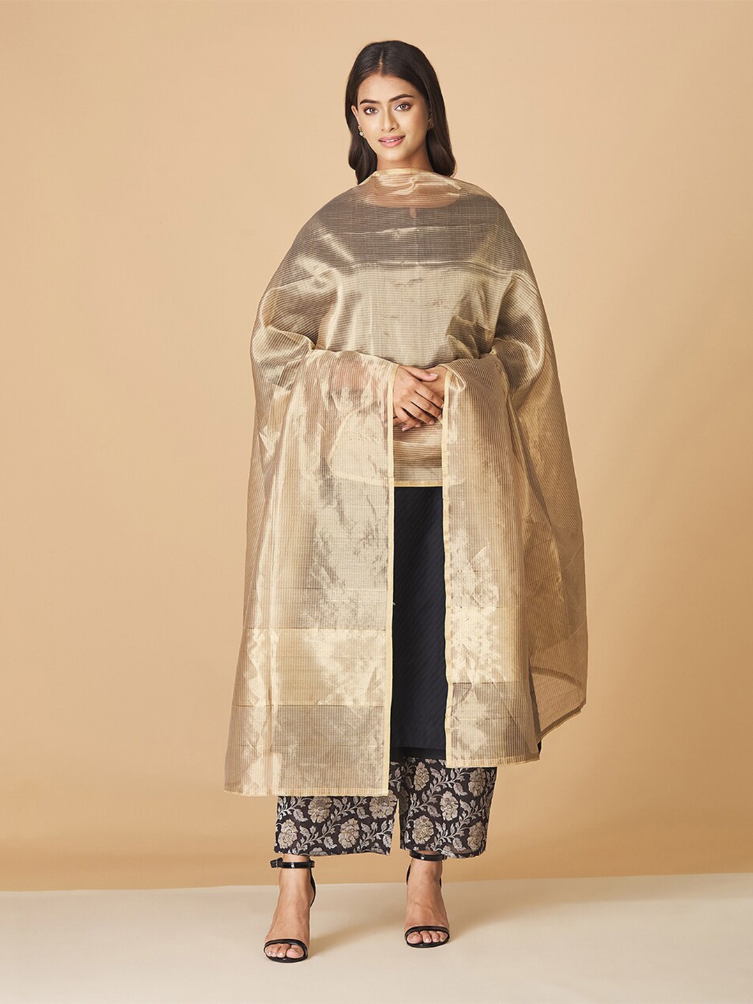 

Fabindia Striped Cotton Silk Dupatta with Zari, Gold