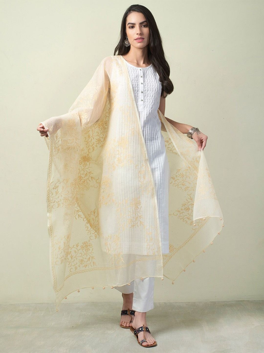 

Fabindia Embroidered Cotton Silk Dupatta with Chikankari, Cream