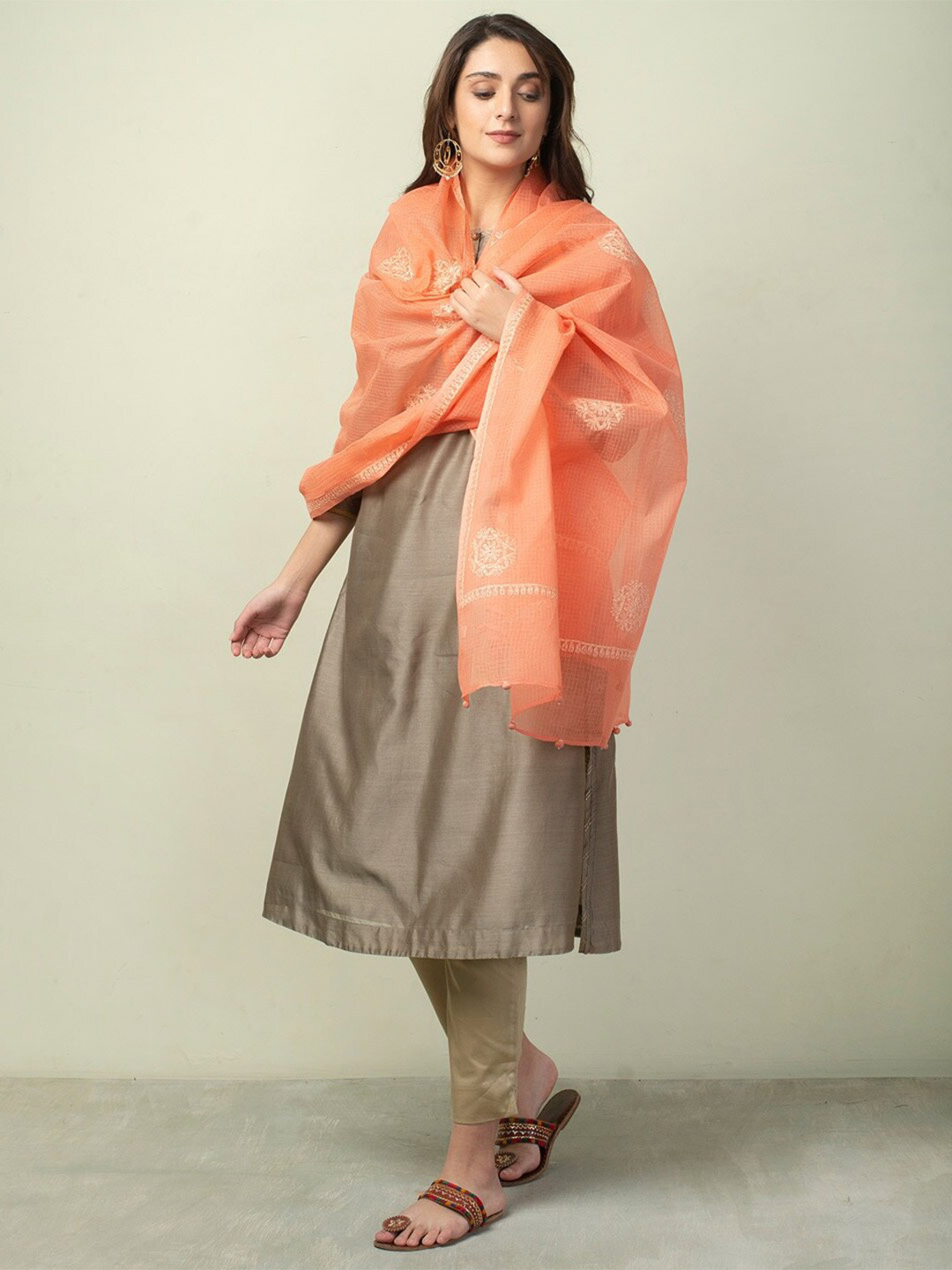 

Fabindia Embroidered Cotton Silk Dupatta with Chikankari, Peach