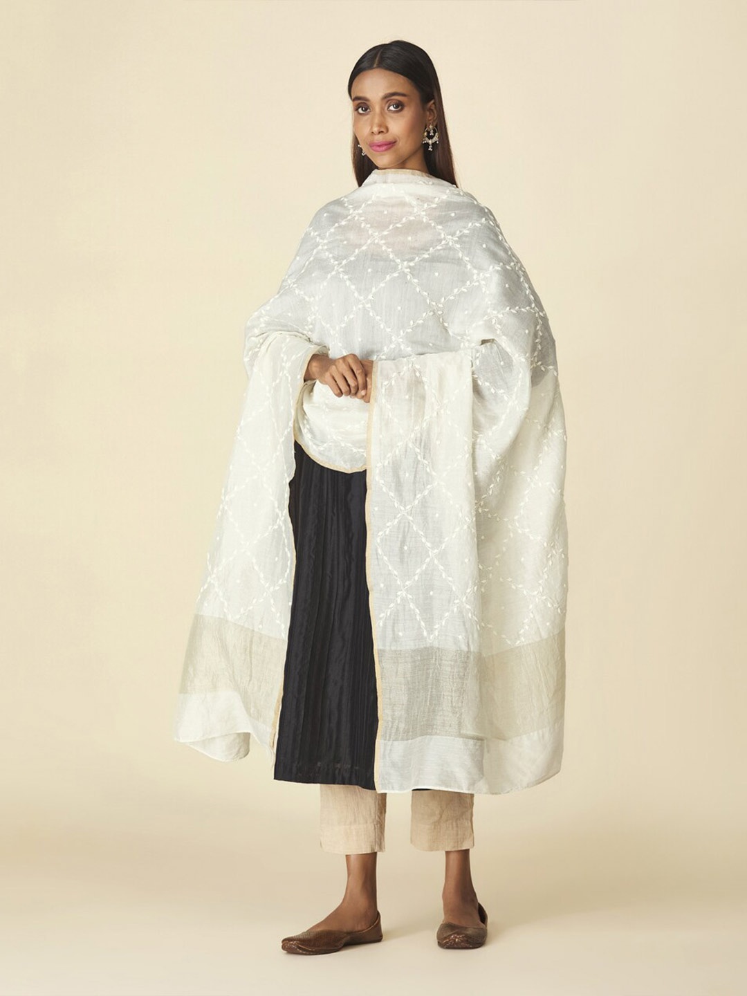 

Fabindia Embroidered Cotton Silk Dupatta, Off white