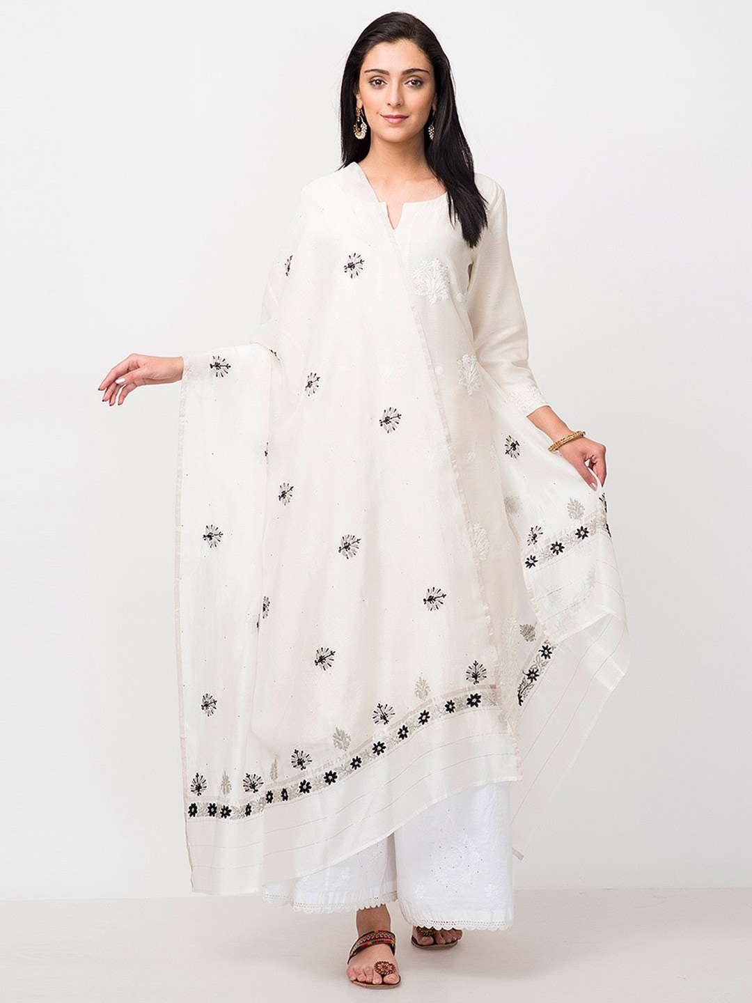 

Fabindia Embroidered Cotton Silk Dupatta with Chikankari, Off white