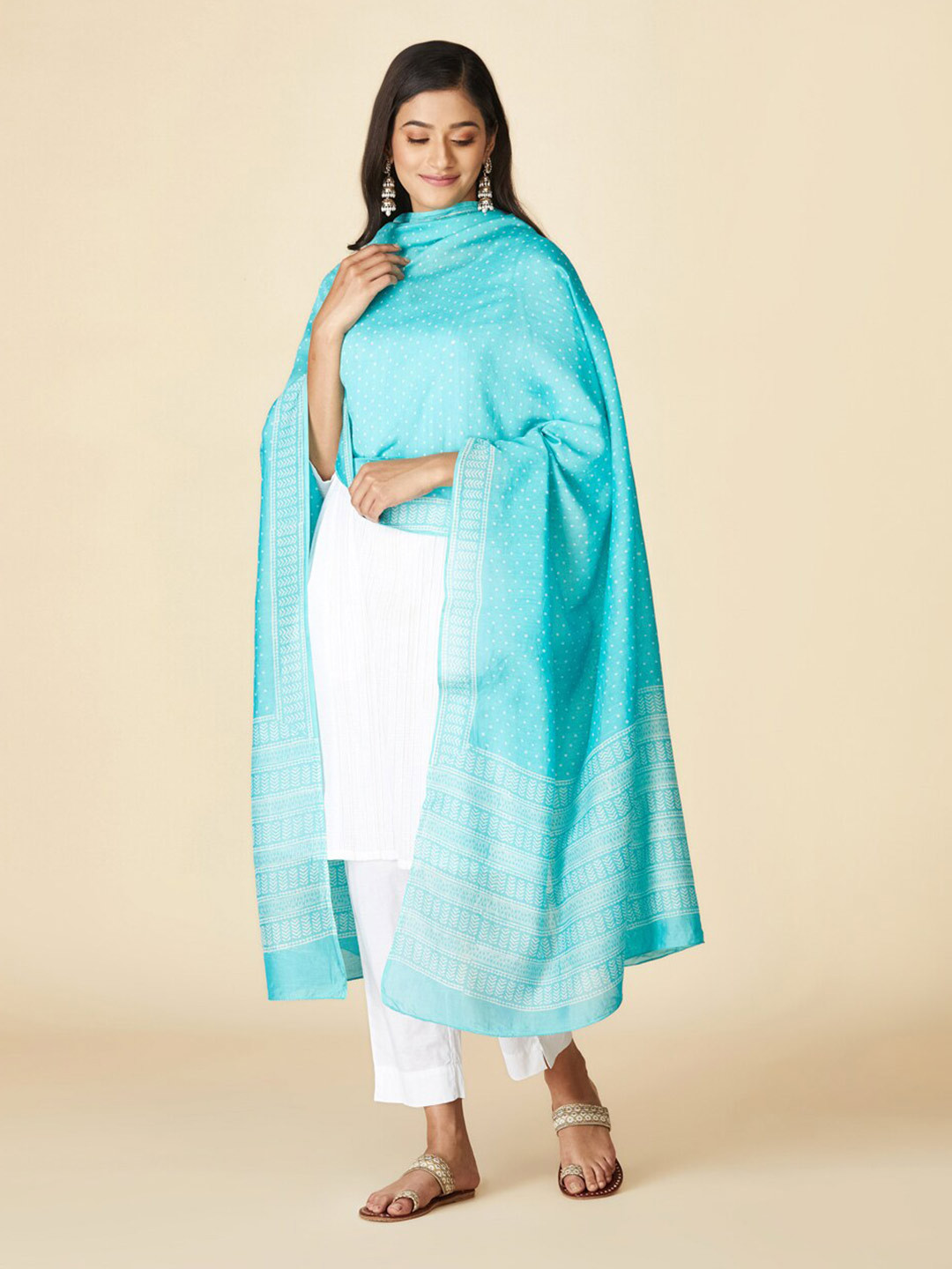 

Fabindia Printed Cotton Silk Dupatta, Turquoise blue