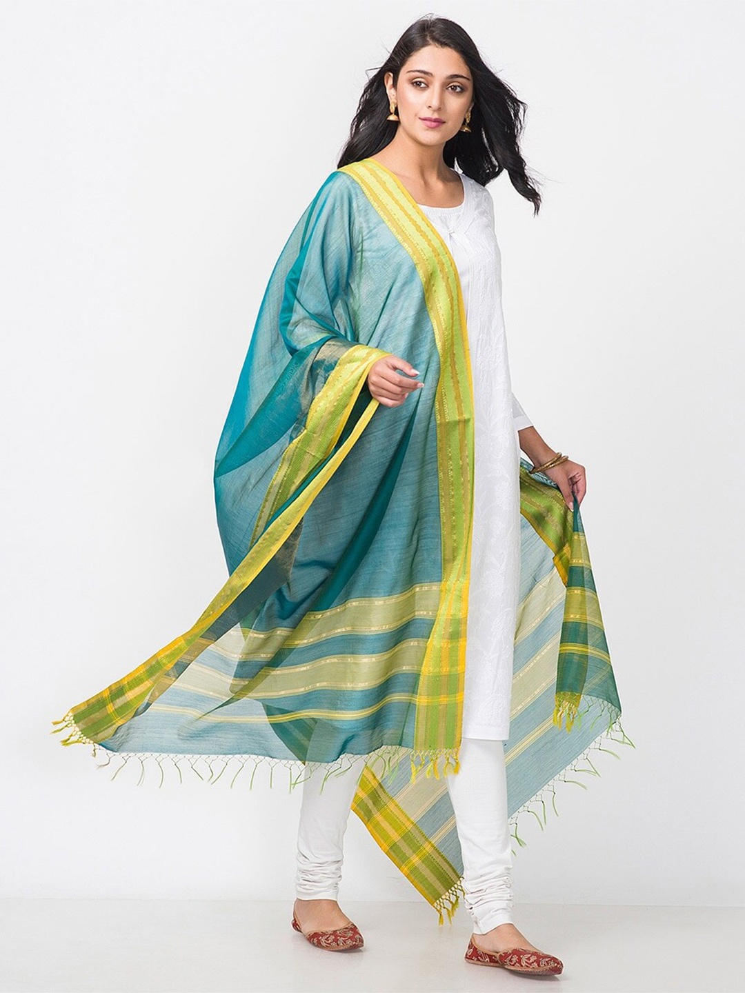 

Fabindia Woven Design Cotton Silk Dupatta with Zari, Green
