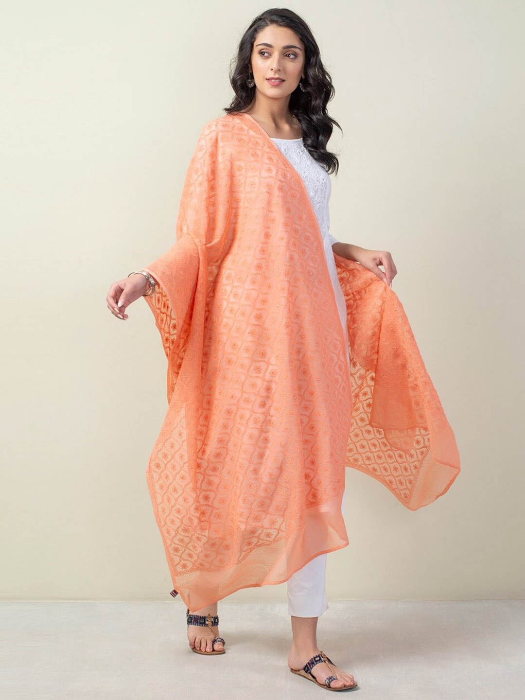 

Fabindia Embroidered Cotton Silk Dupatta, Coral