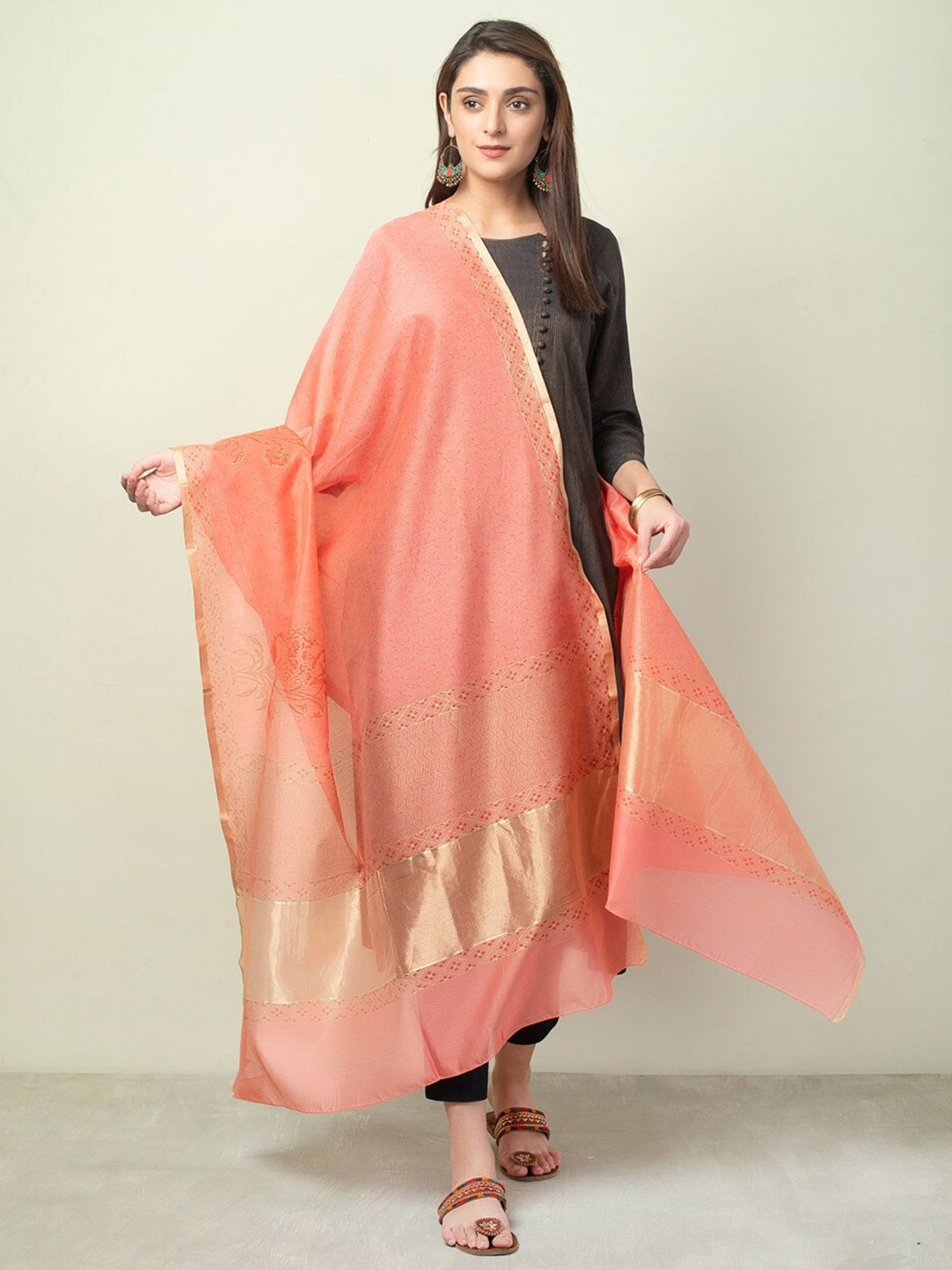 

Fabindia Printed Cotton Silk Block Print Dupatta with Gotta Patti, Orange