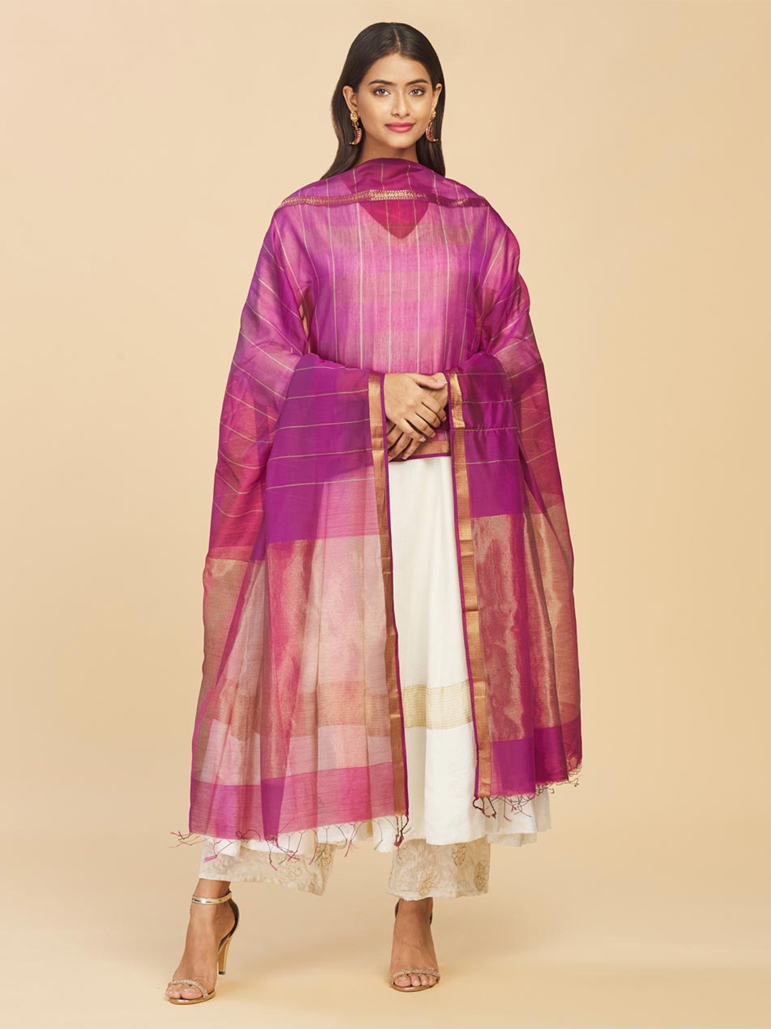 

Fabindia Printed Cotton Silk Dupatta with Zari, Purple