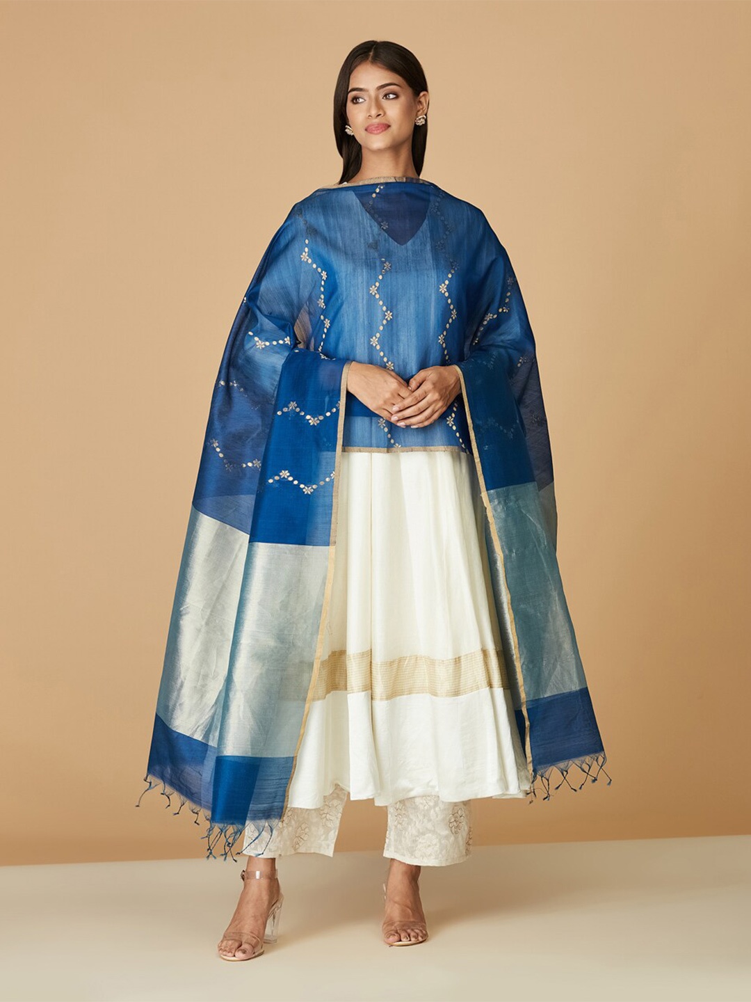 

Fabindia Ethnic Motifs Woven Design Cotton Silk Dupatta with Zari, Blue