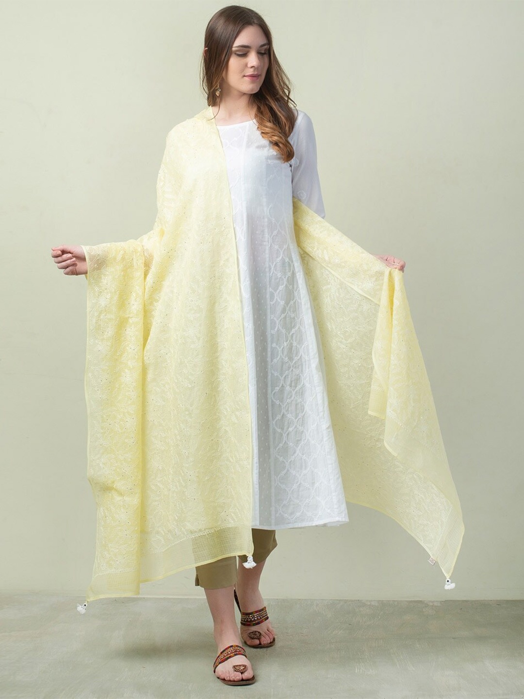 

Fabindia Embroidered Cotton Silk Dupatta with Chikankari, Yellow