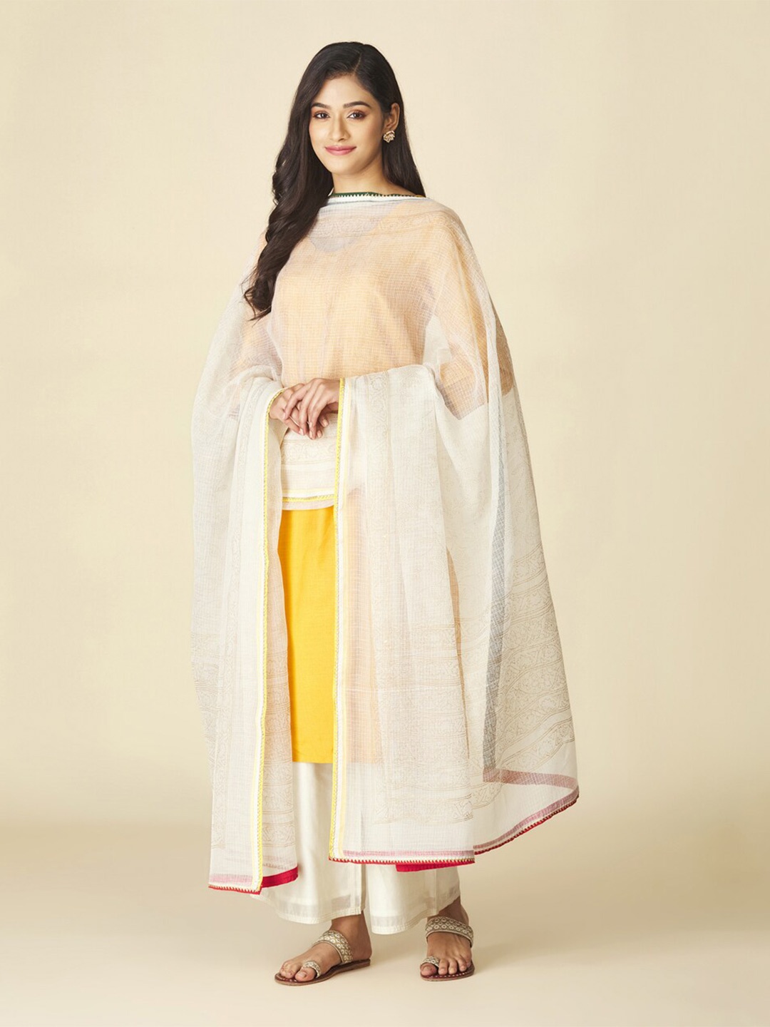 

Fabindia Ethnic Motifs Printed Cotton Silk Dupatta, Off white