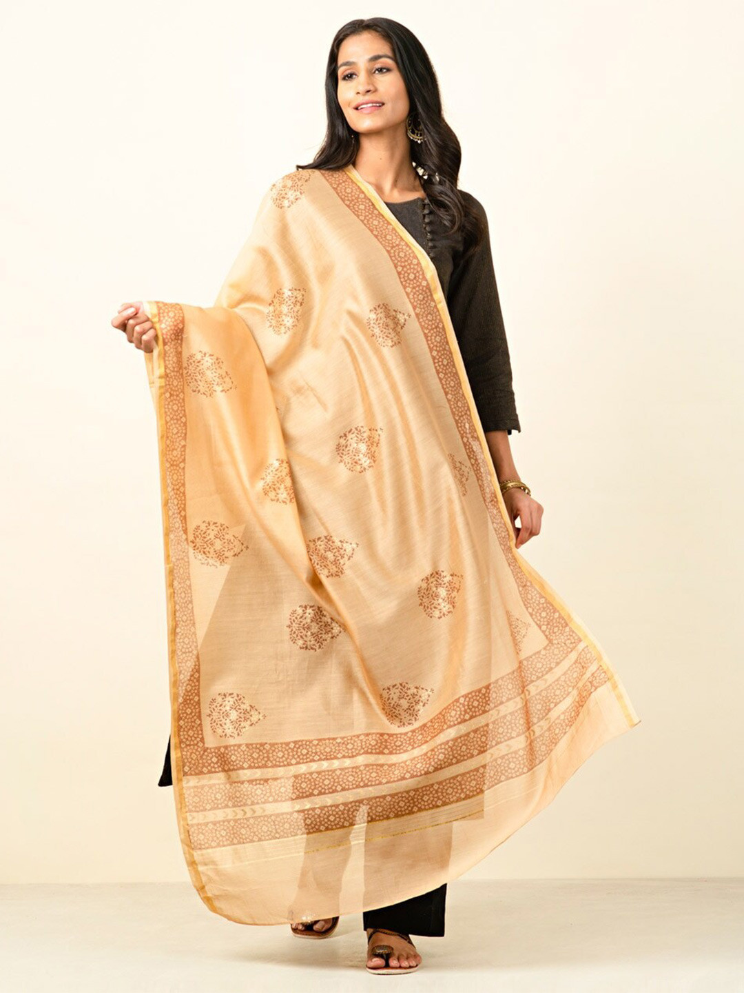 

Fabindia Beige & Gold-Toned Ethnic Motifs Printed Cotton Silk Dupatta