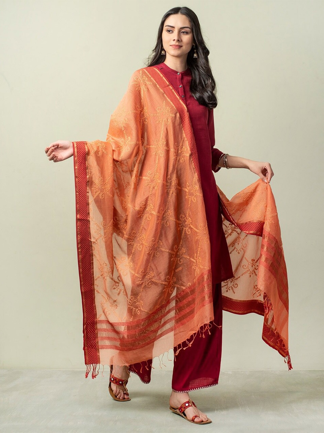 

Fabindia Orange & Red Embroidered Cotton Silk Dupatta