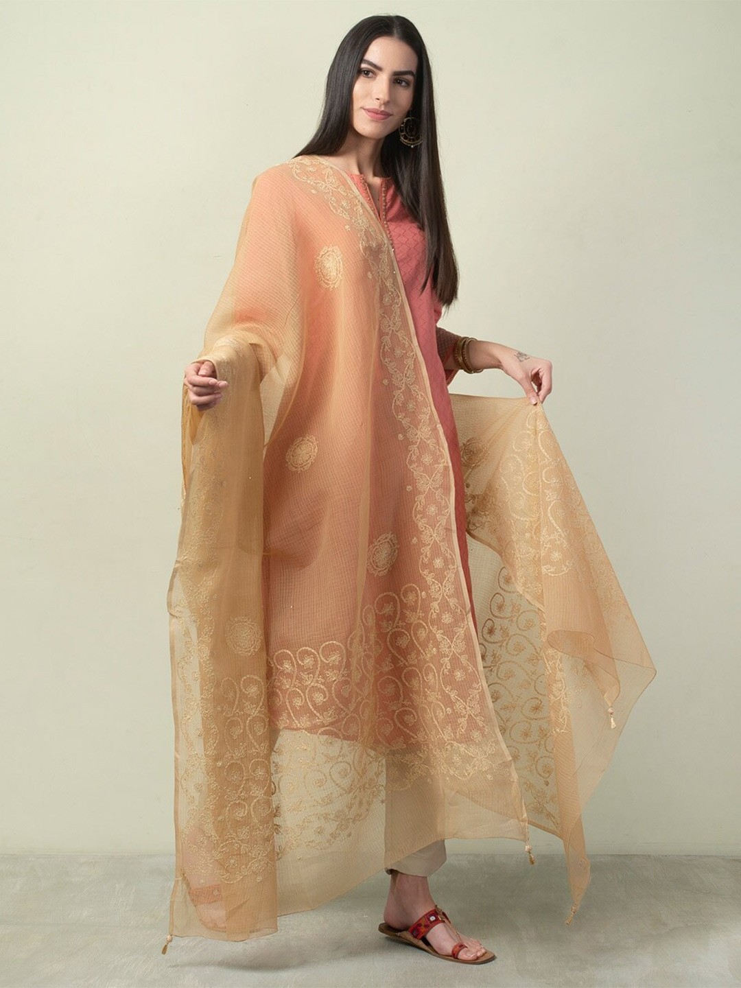 

Fabindia Beige Embroidered Cotton Silk Dupatta