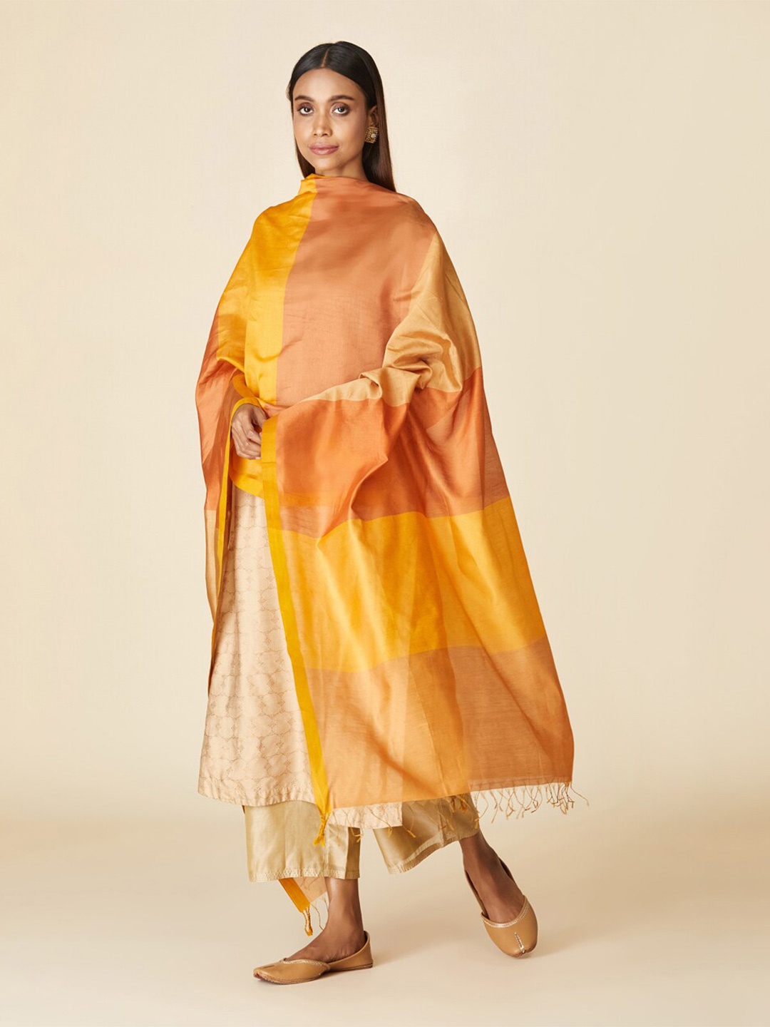 

Fabindia Mustard & Brown Cotton Silk Dupatta