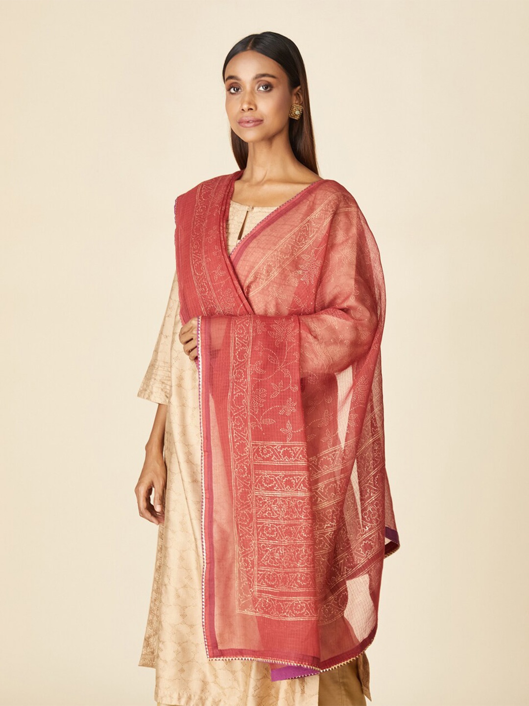 

Fabindia Printed Cotton Silk Block Print Dupatta, Red